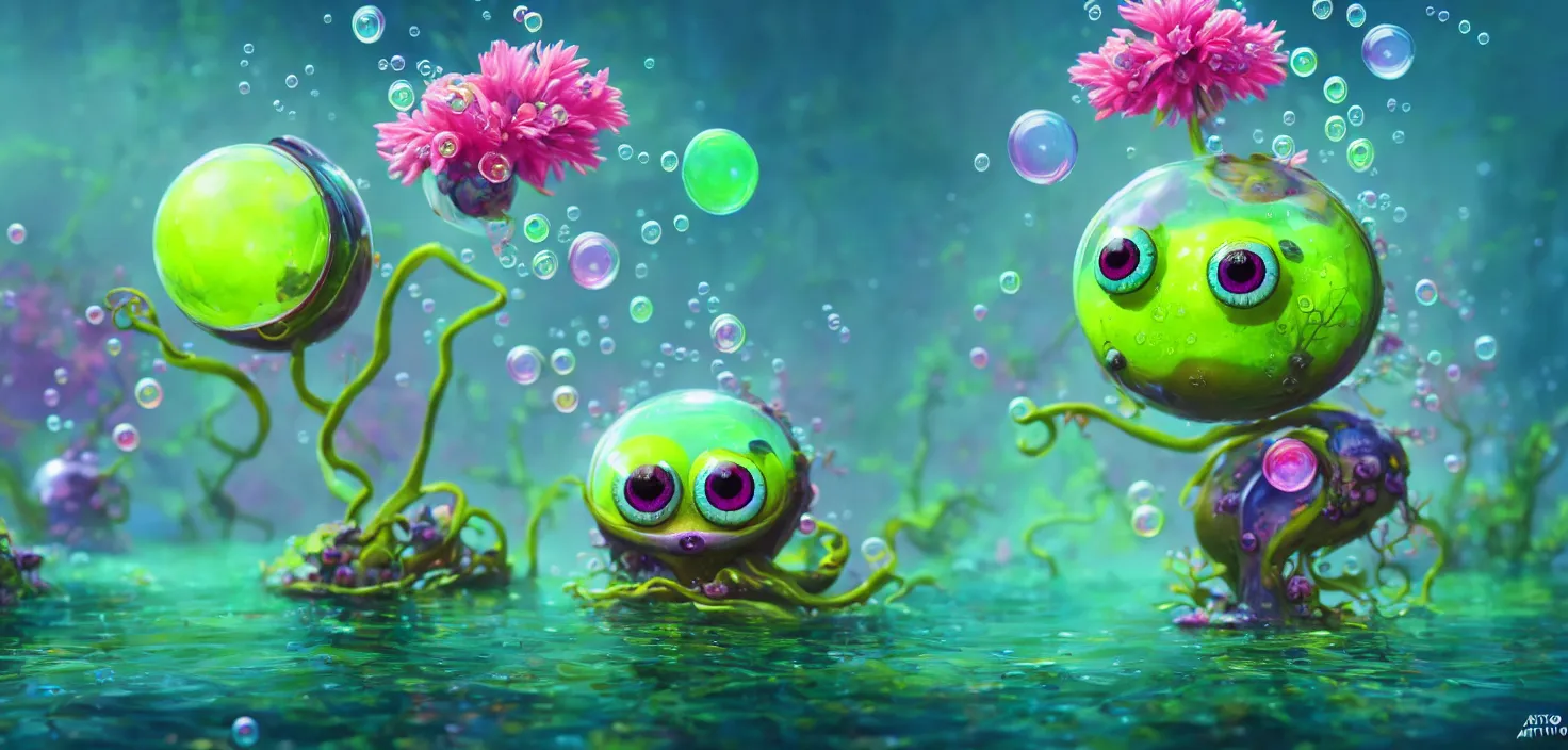 Prompt: colourful murky nature with cute bubble creatures big two eyes appearing from the flowers in water, in the style of craola, shallow depth of field, highly detailed, digital painting, trending artstation, concept art, illustration, cinematic lighting, vibrant colors, photorealism, epic, octane render