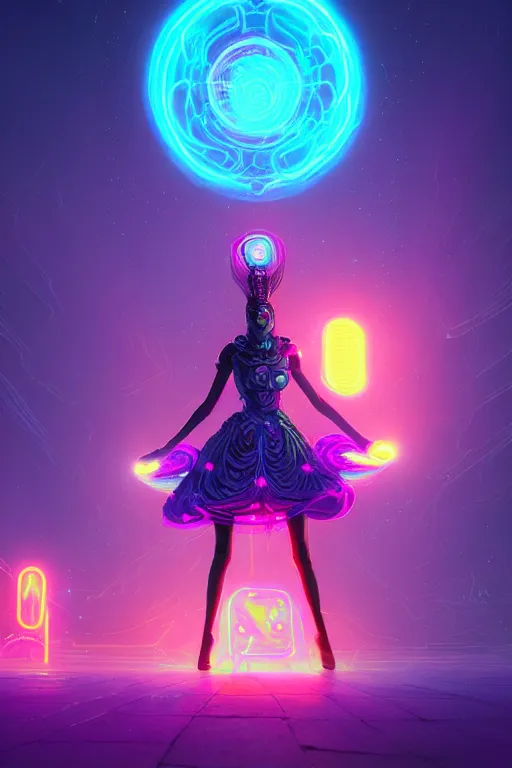 Image similar to void goddess wearing a dress made of neon, surreal, 4 k, unreal engine, octane render, simon stalenhag, d & d, fantasy, intricate, elegant, highly detailed, digital painting, artstation, concept art, matte, sharp focus, illustration, hearthstone, art by artgerm and greg rutkowski