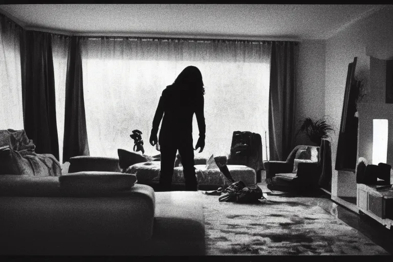 Image similar to led zepplin, presence, 1 suburban living room, single silhouette figure, crisp focus, 3 5 mm ektachrome