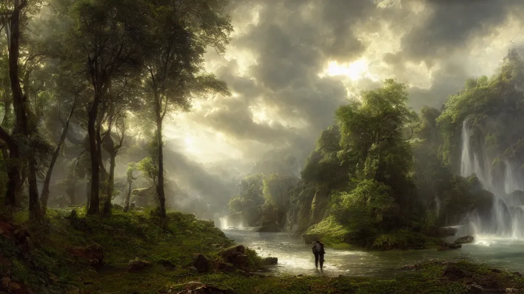 Prompt: [ searching for tom bombadil ] andreas achenbach, artgerm, mikko lagerstedt, zack snyder, tokujin yoshioka