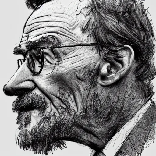 Image similar to a realistic yet scraggly portrait sketch of the side profile of a stern and sophisticated bryan cranston, trending on artstation, intricate details, in the style of frank auerbach, in the style of sergio aragones, in the style of martin ansin, in the style of david aja, in the style of mattias adolfsson