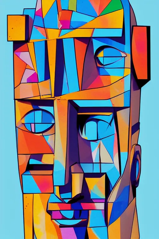 Image similar to abstract cubist moai statue geometric cutout digital illustration cartoon colorful beeple