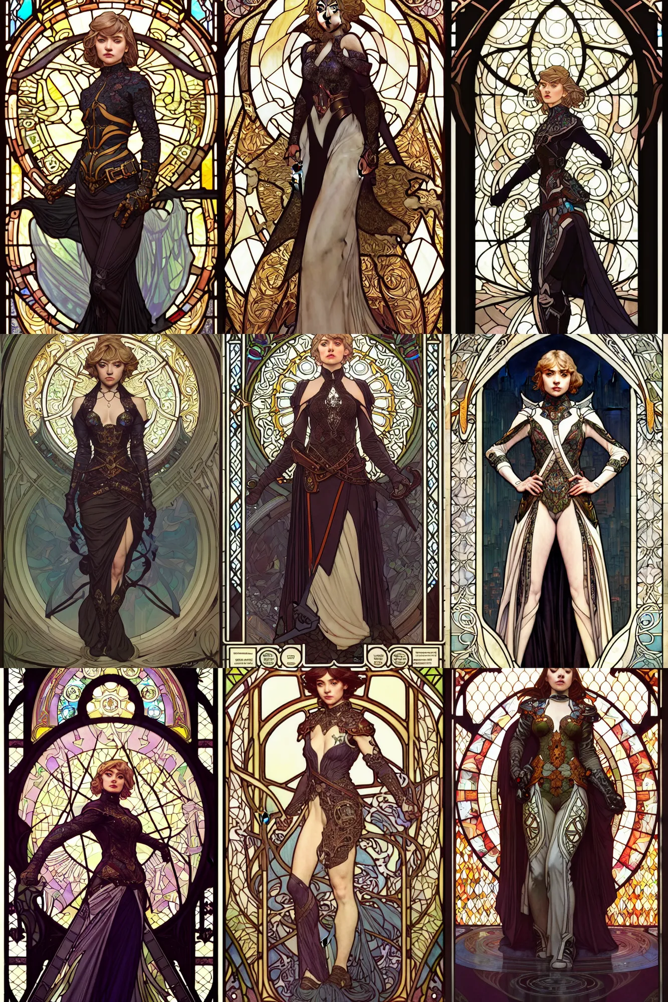 Prompt: full - body portrait, imogen poots paladin, by artgerm, cushart krenz, greg rutkowski. art nouveau neo - gothic stained glass by mucha. dota. swirly intricate glass linework background. gaudy colors, sharp edges. ultra clear detailed. 8 k. elegant. octane render