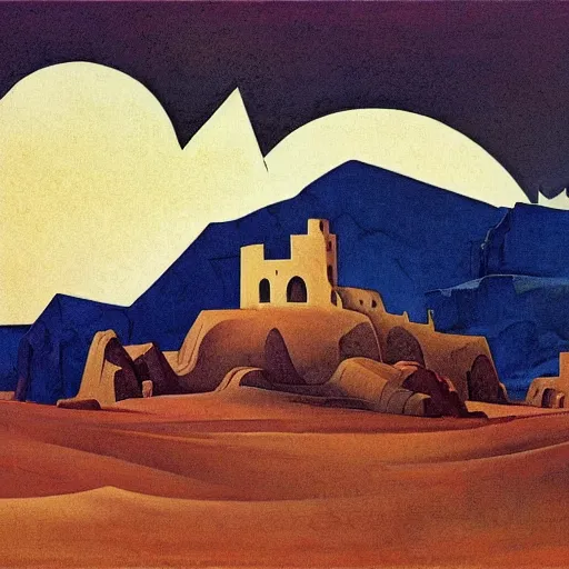 Image similar to an illustration of a white castle in a desertic landscape surrounded by mountain, stylised storm, by nicholas roerich, by frank frazetta by georgia o keeffe by frederick william elwell, by hans emmenegger, by eyvind earle highly detailed, realistic, outline, line work, fantasy, oriental, stylised flat colors, animation