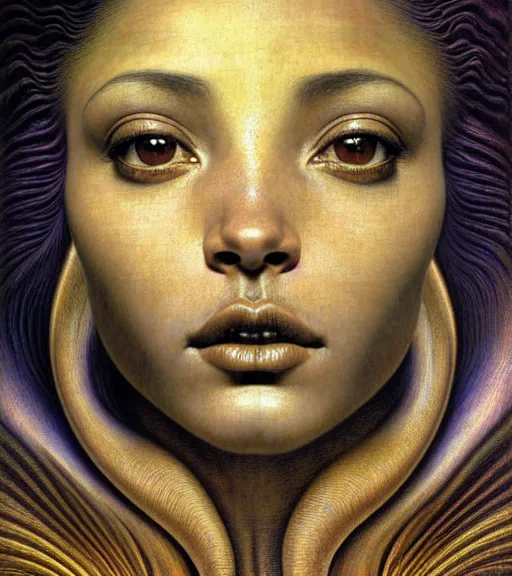 Image similar to detailed realistic beautiful young sade adu face portrait by jean delville, gustave dore and marco mazzoni, art nouveau, symbolist, visionary, baroque, intricate biomechanical fractal. horizontal symmetry by zdzisław beksinski, iris van herpen, raymond swanland and alphonse mucha. highly detailed, hyper - real, beautiful