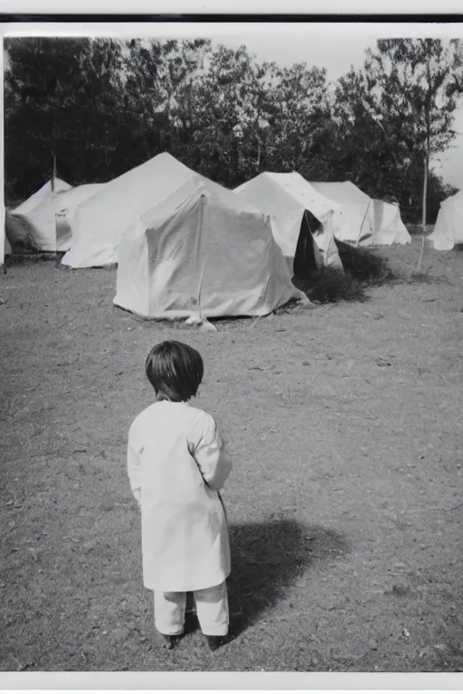 Image similar to photo polaroid of a sad and lonely child in a white coat stands in the middle many big tents of field hospitals, pandemic, covid,loneliness, black and white ,photorealistic, 35mm film,