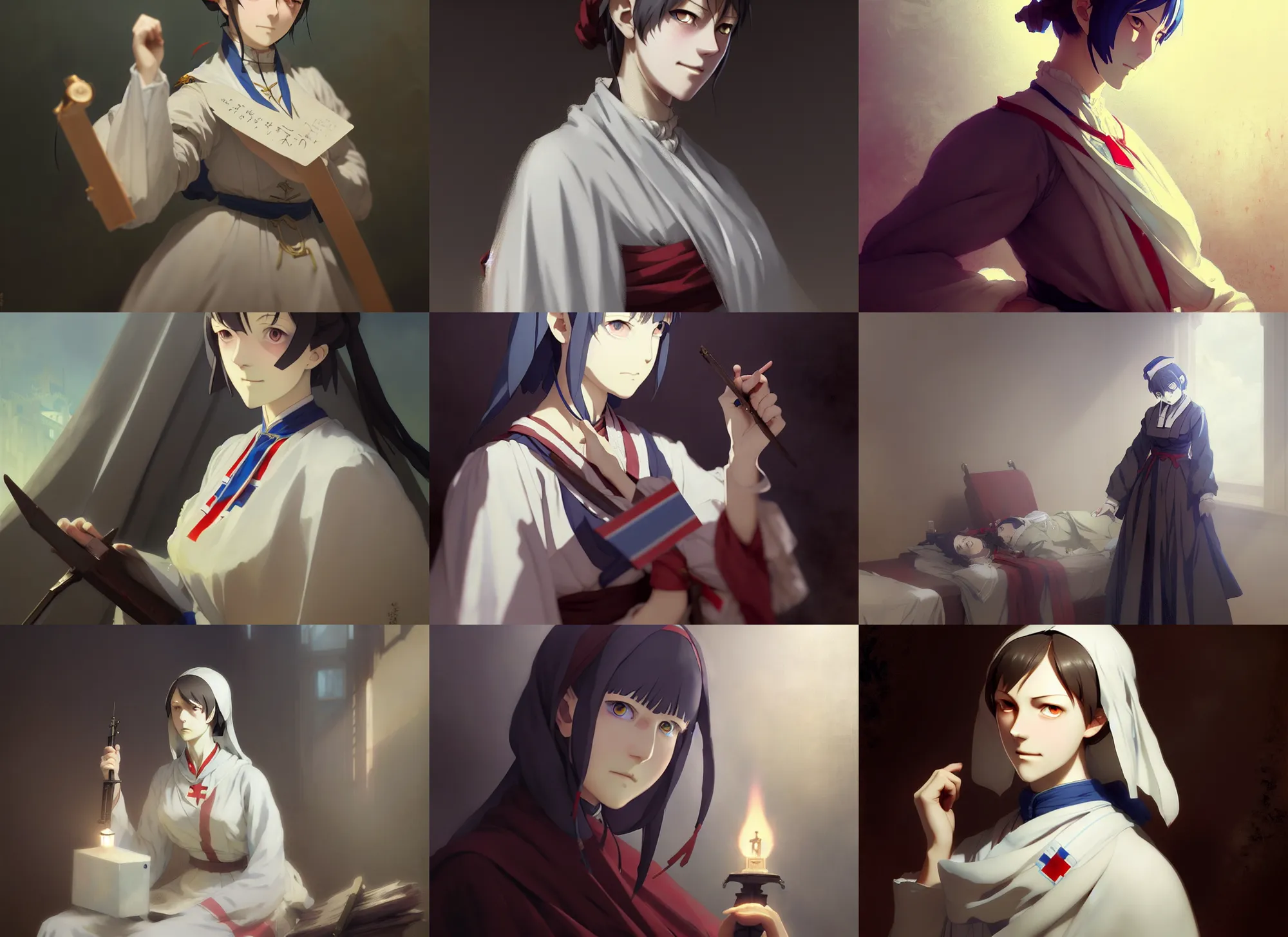 Prompt: florence nightingale, crimean war hospital, 1 8 5 4, delicate features finely detailed perfect art, gapmoe yandere grimdark, trending on pixiv fanbox, painted by greg rutkowski makoto shinkai takashi takeuchi studio ghibli