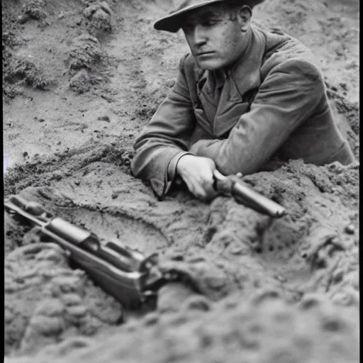 Prompt: A photo of a man in a muddy trench with a Colt revolver. Black and white, grainy, WW2 photo.