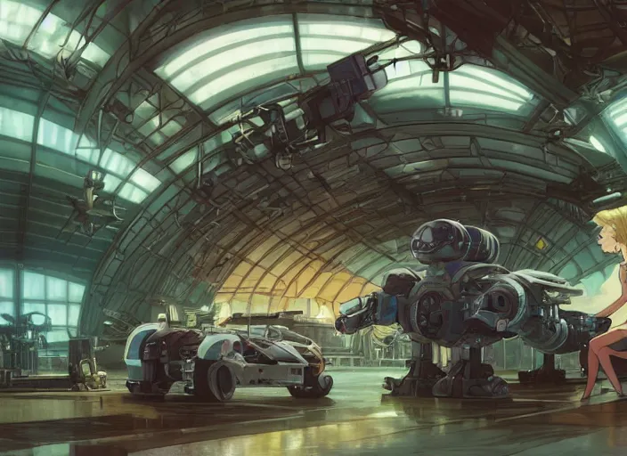 Image similar to a pretty robot mechanic woman and her alien space cat sleeping in a spaceport hangar in a space opera x cyberpunk ghibli animated film, volumetric lighting, octane render by stanley artgerm lau, greg rutkowski, thomas kindkade, alphonse mucha, loish, norman rockwel, highly detailed