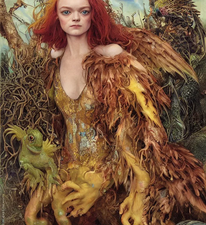 Prompt: a portrait photograph of sadie sink as a colorful harpy super hero with slimy reptile skin. she is trying on a amphibian organic catsuit and transforming into a feathered alien beast. by tom bagshaw, donato giancola, hans holbein, walton ford, gaston bussiere, peter mohrbacher and brian froud. 8 k, cgsociety