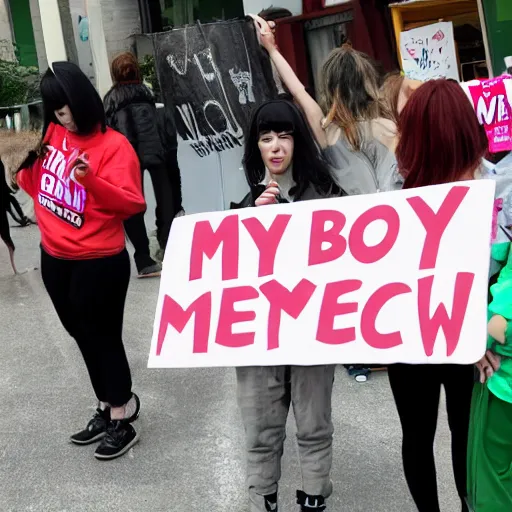 Prompt: An Anime style, human sized cat in a picket line holding up a sign that says Meow body Meow choice.