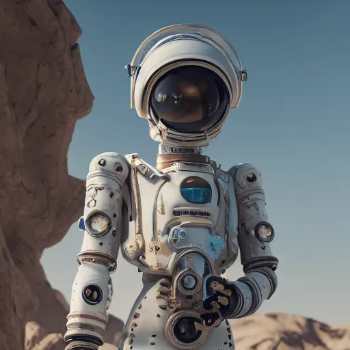 Image similar to portrait photography of a white steampunk space engineer suit, in an desert alien planet, ultra detail, beautiful light, high detail, 8 k, f / 2. 8, octane render