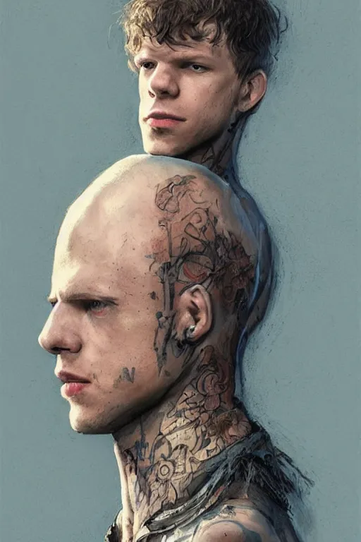 Image similar to Jesse eisenberg as a young man, shaved head, punk, tattered leather coat, intricate, elegant, dramatic lighting, highly detailed, lifelike, photorealistic, digital painting, artstation, illustration, concept art, smooth, sharp focus, art by John Collier and Albert Aublet and Krenz Cushart and Artem Demura and Alphonse Mucha