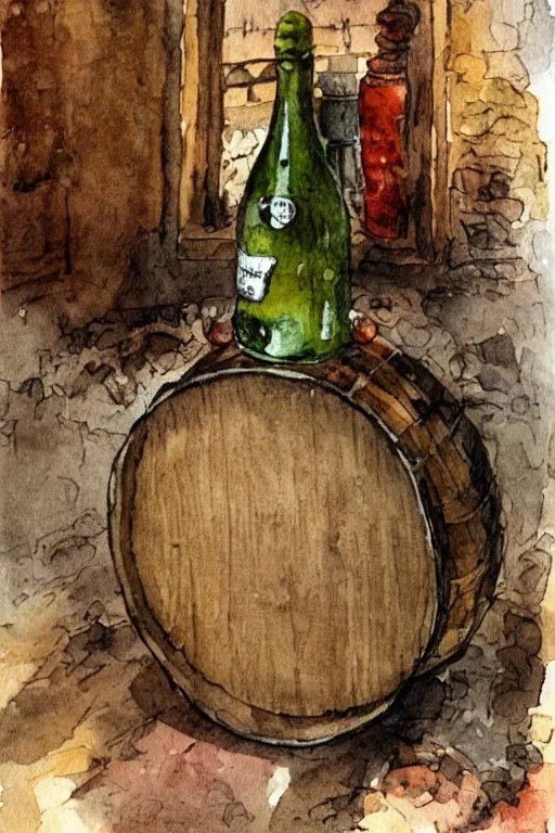 Image similar to pork schnapps wine candle on a barrel in a cellar, watercolor painting by anderz zorn and carl larsson