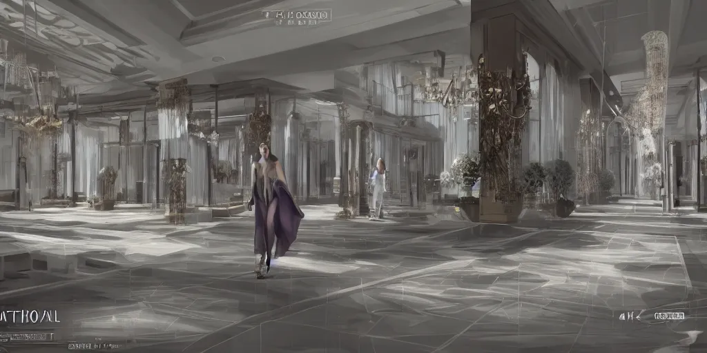 Image similar to Fashion Catwalk in a luxurious penthouse interior, concept art, rendering, hyperdetailed, unreal engine 5, 4k