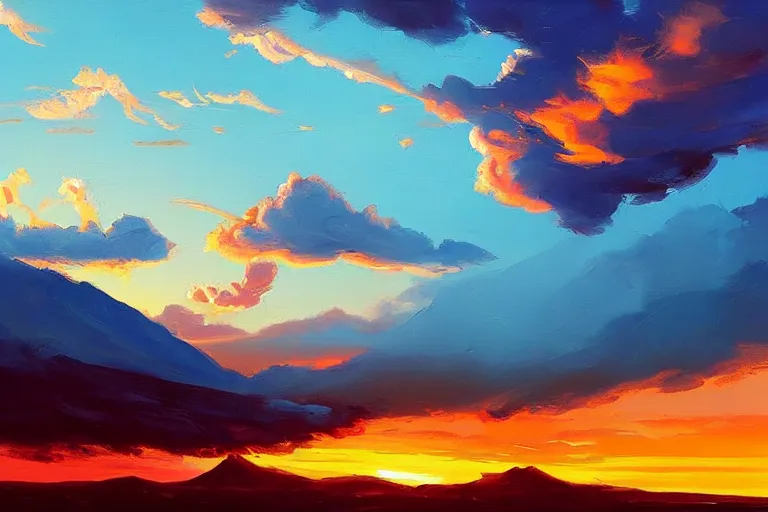 Image similar to a beautiful colorful nature landscape with clouds, mountains, in background, sunset, by rhads