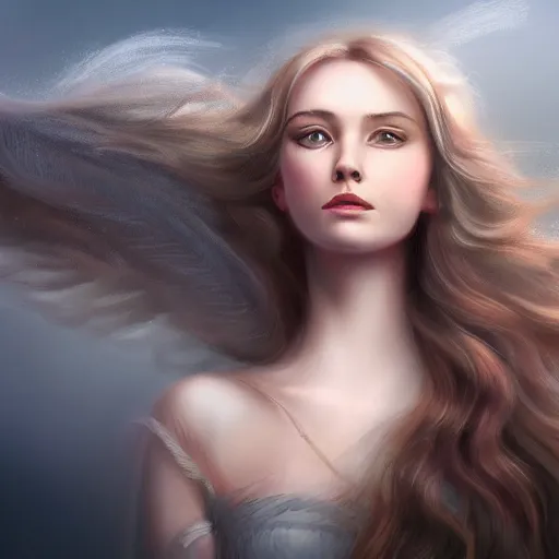 Image similar to A portrait of an attractive young female wind angel, beautiful long cloud hair, wearing tumultus clouds, intricate, highly detailed, elegant, digital painting, trending on artstation
