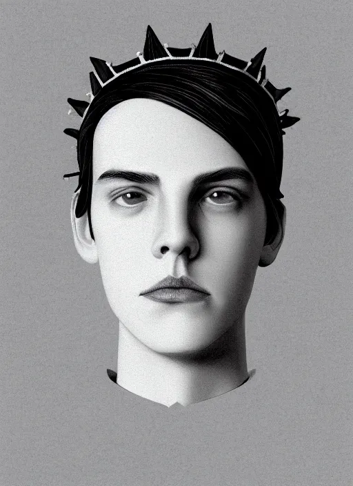 Image similar to portrait of teenage jughead jones wearing a light grey crown, photorealistic, crown made of felt fabric, crown, crown made of felt, black hair, intricate, elegant, highly detailed, digital painting, glowing lights, artstation, concept art, smooth, sharp focus, illustration, art by wlop, mars ravelo and greg rutkowski