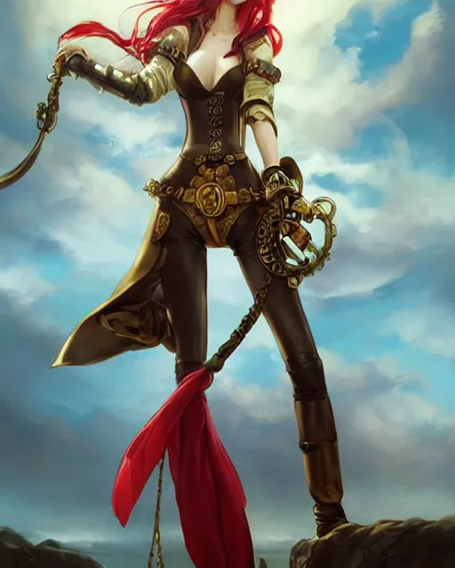 Prompt: a beautiful 2D illustration of a young female steampunk pirate wearing leather armor on gold and red trimmings on green, by Charlie Bowater, tom bagshaw, Artgerm and Lois Van Baarle, very cool pose, pirate ship with an epic sky background, slightly smiling, cinematic anime lighting and composition, fantasy painting, very detailed, ornate, trending on artstation and pinterest, deviantart, google images