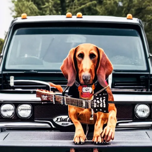 Image similar to A folkpunk brown hound dog playing the guitar in front of a pickup truck