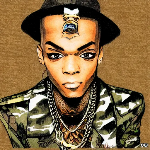 Image similar to soulja boy drawn in the style of yoshitaka amano