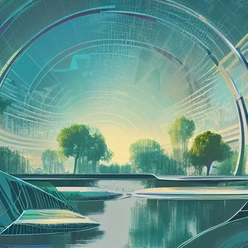 Image similar to beautiful happy picturesque charming organic futuristic sci - fi city integrated in nature. water and plants. beautiful light. grainy and rough. soft colour scheme. beautiful artistic vector graphic design by lurid. ( 2 0 2 2 )