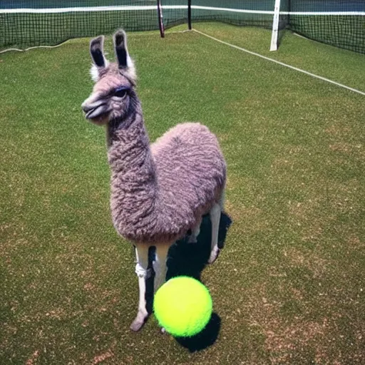 Prompt: a llama made of tennis balls