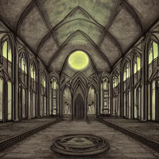 Prompt: large gothic hall with large eyes on the ceiling, horror movie, artstation, detailed, colorfull, futuristic