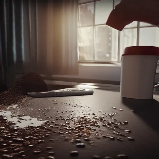 Image similar to : spilling cup of coffee on computer unrealengine ,cinematic, hyper realism, high detail, octane render, 8k