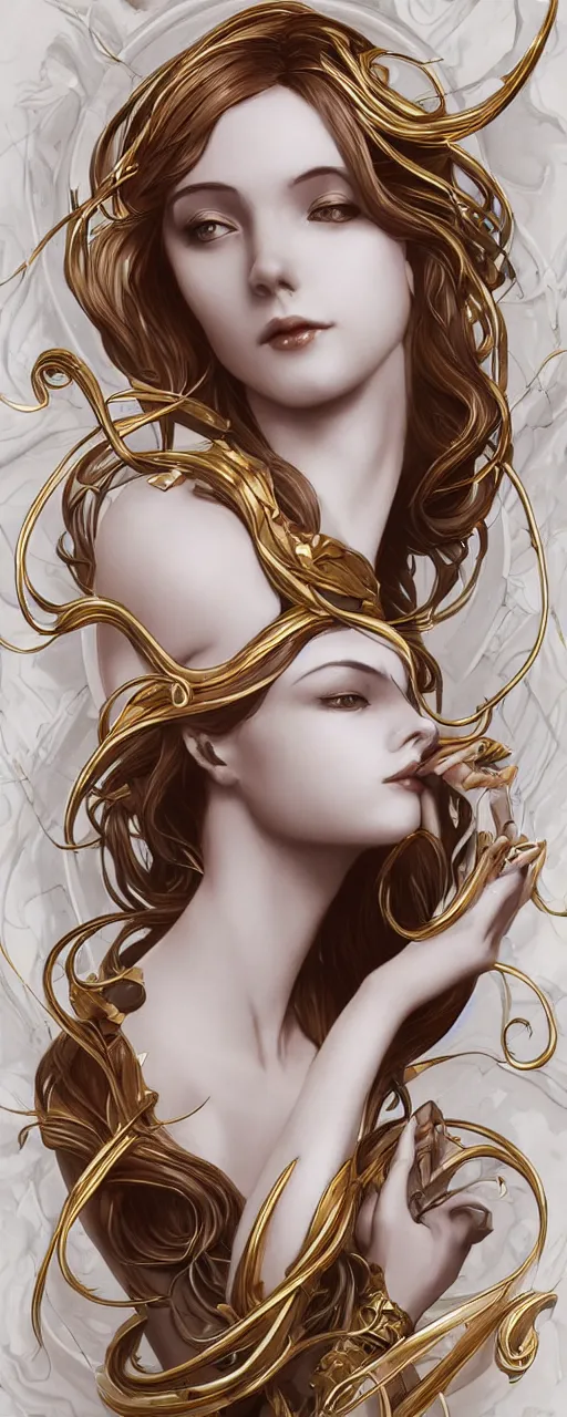 Prompt: beauty art nouveau woman, White marble and gold robotic, trending on artstation, by Artgerm