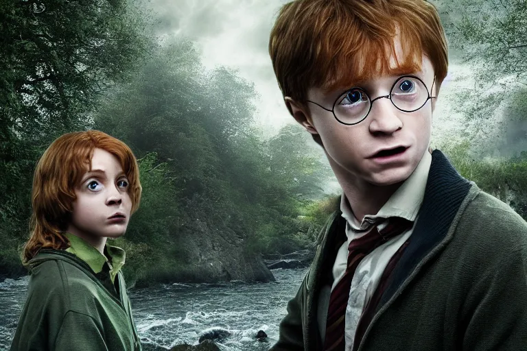 Image similar to an ultra realistic, cinematic, headshot portrait, of harry potter, ron weasley, hermoine granger as an avocado, fantasy, avocado, facial features, background of a vast serene landscape, with trees and rivers, detailed, deep focus, movie still, dramatic lighting, ray tracing, by michal karcz and yoshitaka amano