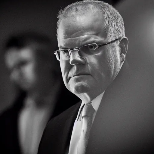 Prompt: ultrarealistic photo of former prime minister scott morrison lurking in the shadows in the style of film noir, full body, hiding, high contrast, 8 k, raw, unedited, symmetrical balance, in - frame