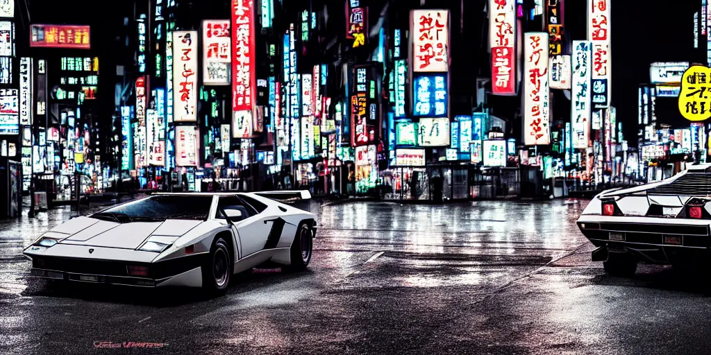 Image similar to photo lamborghini countach parked in a rainy neo tokyo street at night with neon light signs illuminating the scene, moody, hdr, 4 k