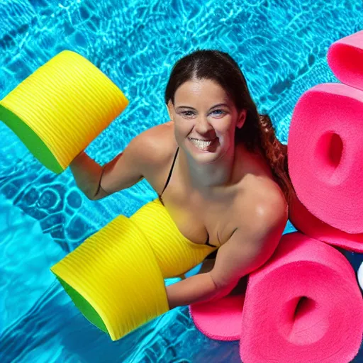 Image similar to a woman swimming surrounded by 1 0 pool noodles pointing away from her