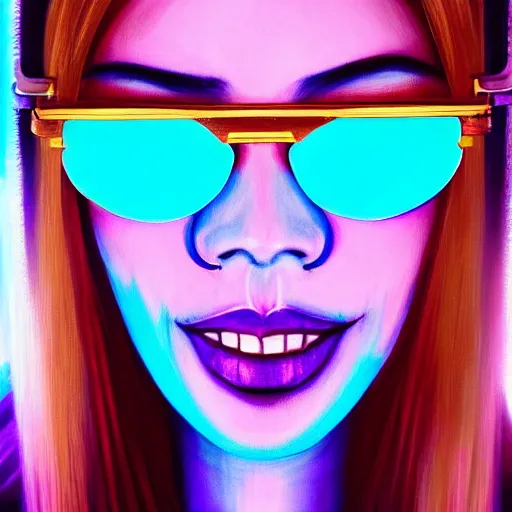 Image similar to closeup painting of a very beautiful young mexican cyberpunk woman with a smile, light blue neon shutter shades!! on her face, and a purple coloured leather jacket, one side haircut, long brown hair with light blue ends, portrait, sci - fi, hyperdetailed, cgsociety, synthwave by tangerine dream, by jean - michel jarre, by vangelis, by john carpenter