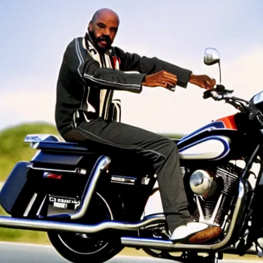 Prompt: captain sisko riding a motorcycle down the autobahn