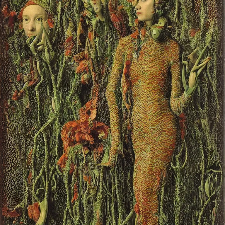 Image similar to a animalistic woman with her skin covered in patterns, fish scales, snake skin, her face looks like a orchid, huge plants tower around her, jan van eyck, max ernst