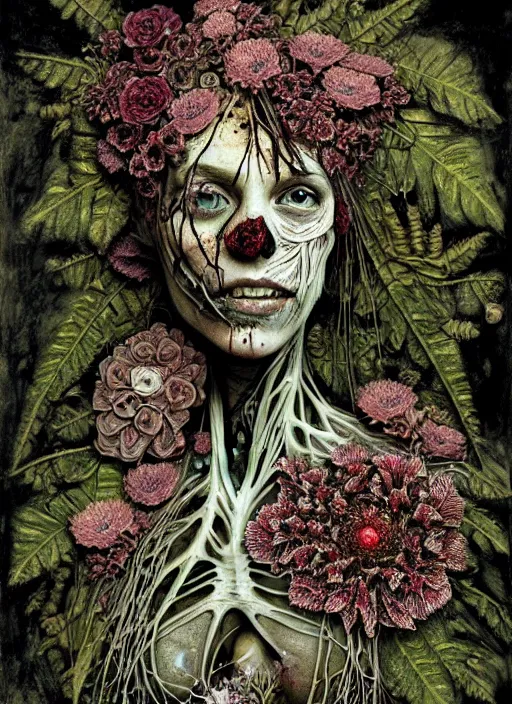 Image similar to beautiful and detailed rotten woman corpse with fractal plants and many different types of flowers growing around, muscles, veins, arteries, intricate, organs, ornate, surreal, john constable, guy denning, dan hillier