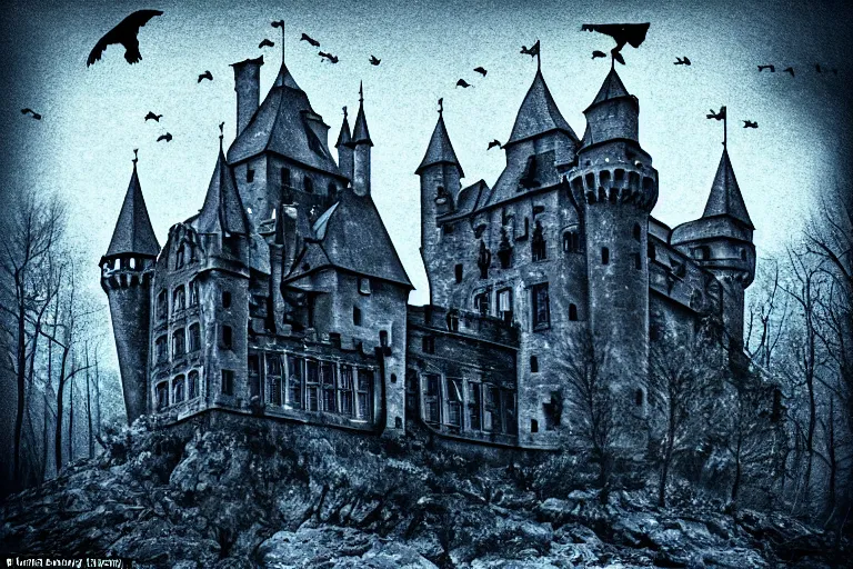 Prompt: european castle in the dark forest, taboo, shimmering seal array, gothic style, little crows circling in the sky in the distance