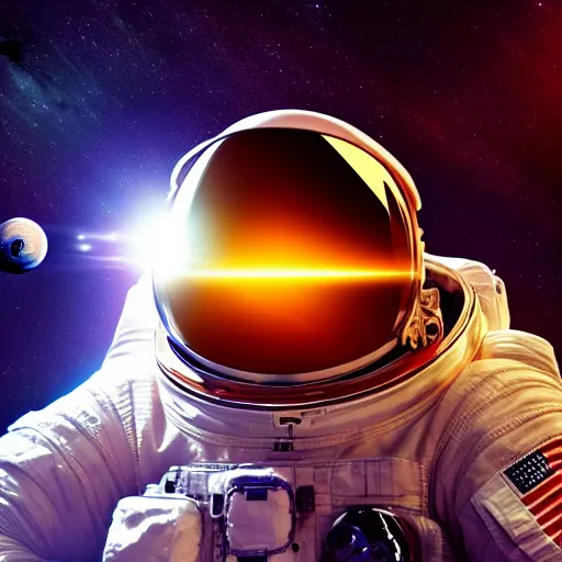 Image similar to astronaut floating in space, with reflection of saturn on it's helmet, HDR, natural light, galaxy, Ray tracing reflection, head level shot, dynamic pose, award winning photograph, Mucha style 4k,