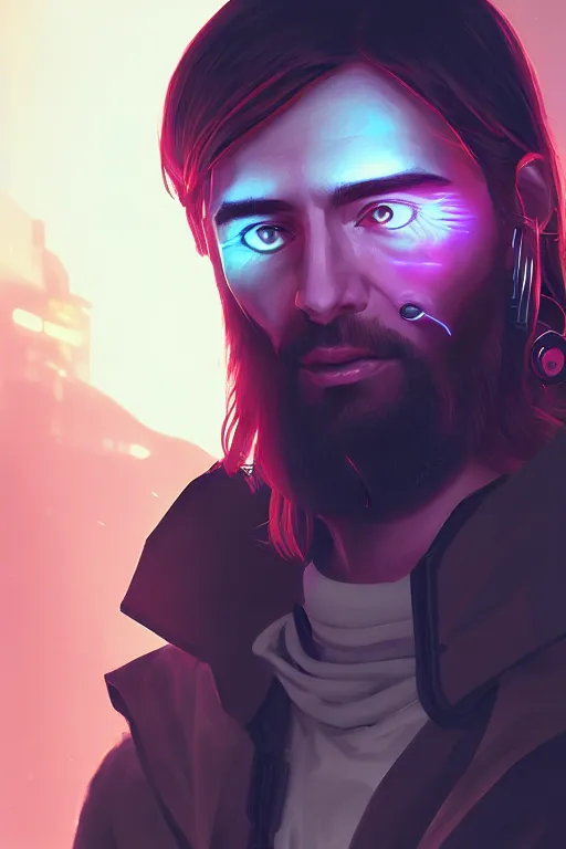 Image similar to « a portrait of a cyberpunk jesus, a character portrait by paul kelpe, reddit contest winner, sots art, ilya kuvshinov, 2 d game art, parallax »