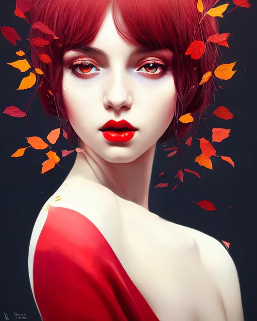 Image similar to highly detailed beautiful pale skin hippie, black hair, flying leaves on backround, symmetrical, red lips, paint by ilya kuvshinov and anna dittman trending on artstation, intricate details, energetic composition, golden ratio, concept art, illustration, elegant art