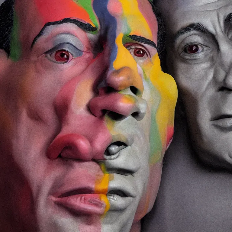 Image similar to beautiful studio photograph of colorful postmodern portrait sculpture of jerry seinfeld shocked expression, beautiful symmetrical face accurate face detailed face realistic proportions, made of spray - painted polymer clay on a pedestal by ron mueck and matthew barney and greg rutkowski, hysterical realism intense cinematic lighting shocking detail 8 k