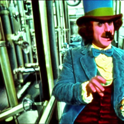 Image similar to security cam footage still of Willy Wonka in his Chocolate Factory