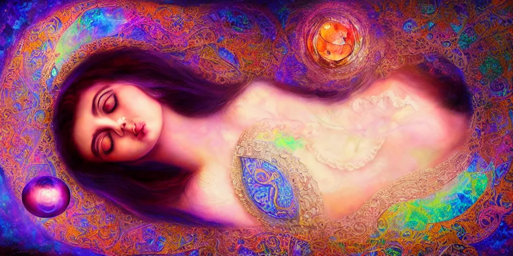 Prompt: detailed portrait of an ethereal gypsy woman laying down with big eyes, glowing face, crystal ball, half moon, photorealistic, colorful dress, in the style of ruan jia, karol bak, holographic undertones, art nouveau, moon phases, mosaic forest background, intricate, smooth, sharp focus, dramatic lighting, illustration, hdr, artgerm