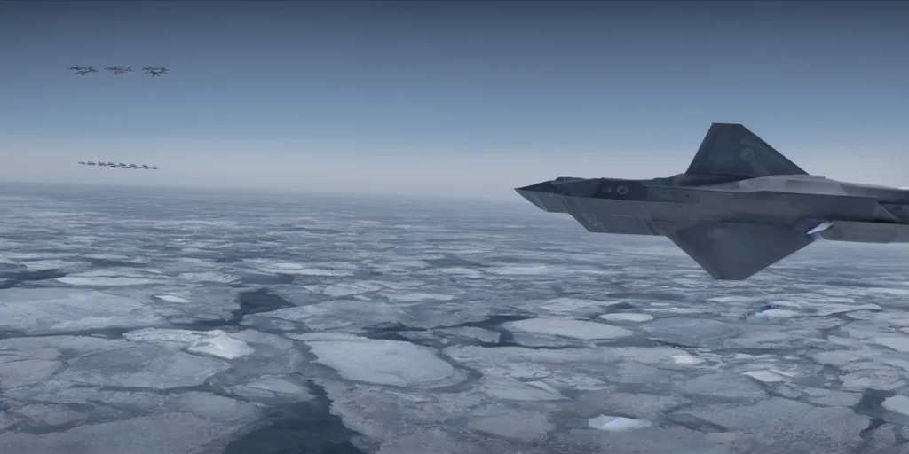 Prompt: Hyper realistic artic ice shelves being bombed by F-35 Raptors, 8k, unreal 5 engine render, 25mm film grain