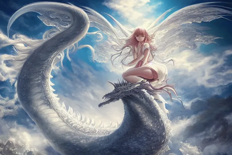 Image similar to the beautiful hyper detailed big scene render that a beautiful girl sitting on the back of a huge silver white dragon alone in fairyland surrounded by white clouds, finely detailed angelic face delicate features, style of studio ghibli, makoto shinkai, artgerm, karol bak, kazuki tanahashi, james jean, ross tran, xision, ultra wide angle