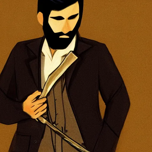 Prompt: a drawing of a man with black hair and beard wearing a black jacket, white shirt and jeans, holding a sword, cinematic