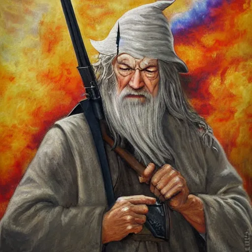 Prompt: gandalf with an ar-15, oil painting, war photo, anger, fire, dramatic, very detailed, 4k