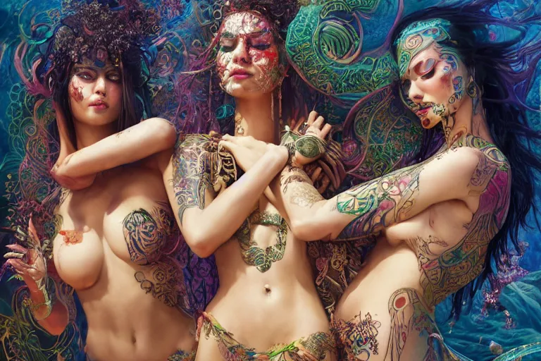 Image similar to a centered render of a harem alluring festival hippies with tribal tattoos surrounded by a underwater ink pour and flowing liquid galium and sacred geometry, perfect body face and hands, powerful, cinematic, beautifully lit, by artgerm, by karol bak, by donato giancola, 3 d, trending on artstation, octane render, 8 k